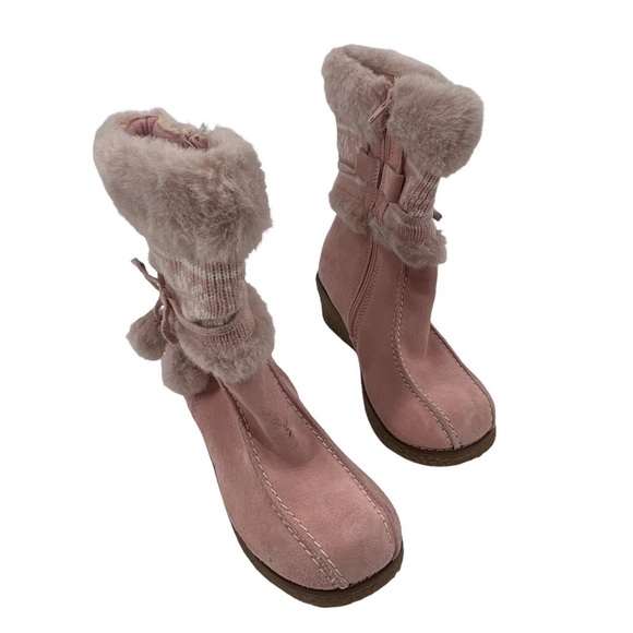 Cherokee Pink Suede Sweater Faux Fur Heeled Boots Size 2 Girl's - Picture 1 of 11